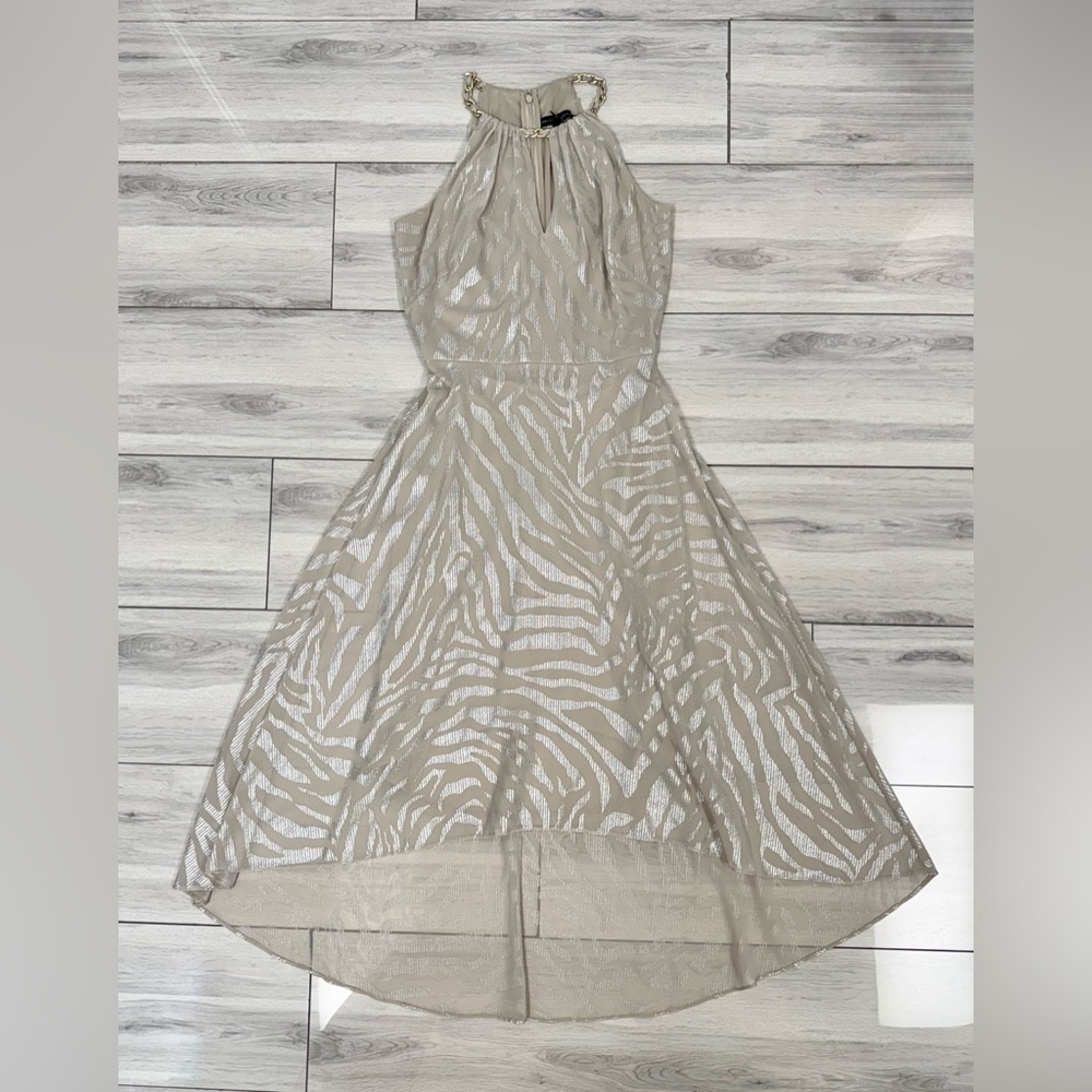 White House Black Market Beige and White High Low Dress